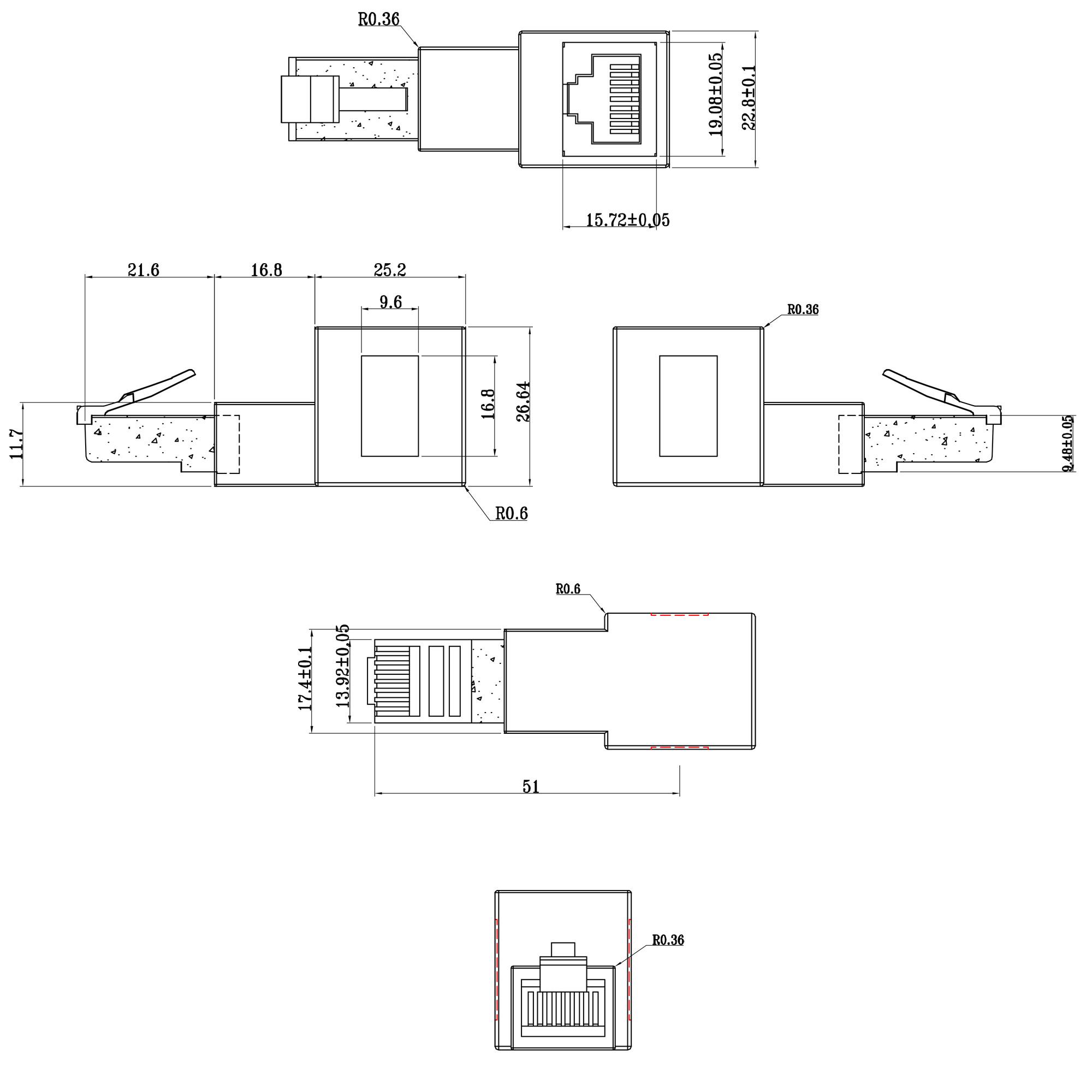 Adattatore cavo patch Cat.6A - presa-spina RJ45 - angolata 90 verso l'alto