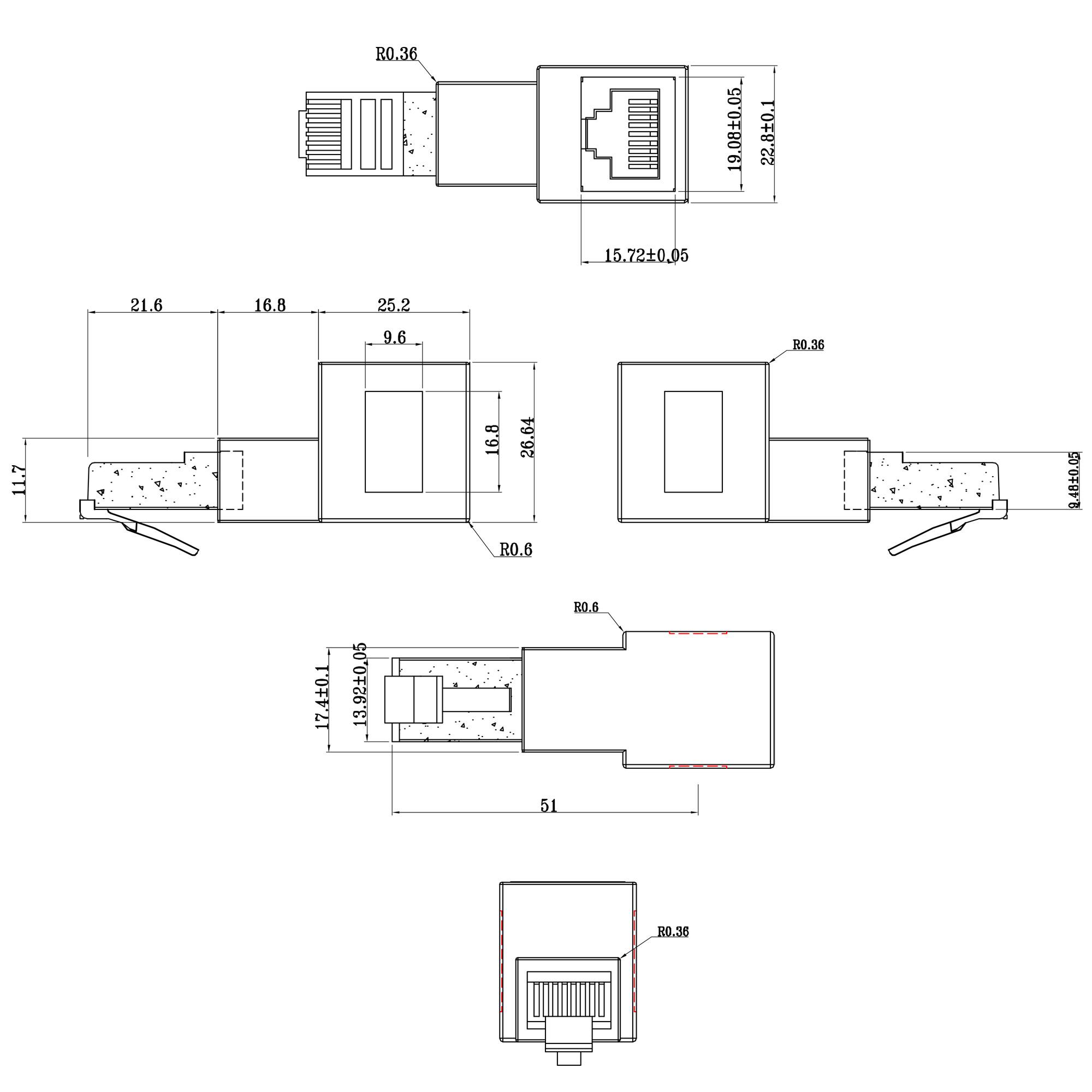 Adattatore cavo patch Cat.6A - presa-spina RJ45 - angolata 90 verso il basso