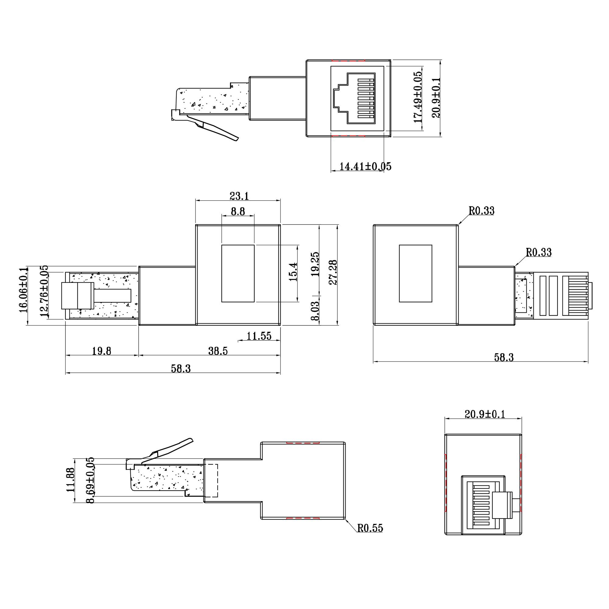 Cavo adattatore patch Cat.6A - presa-spina RJ45 - angolata 90 a sinistra