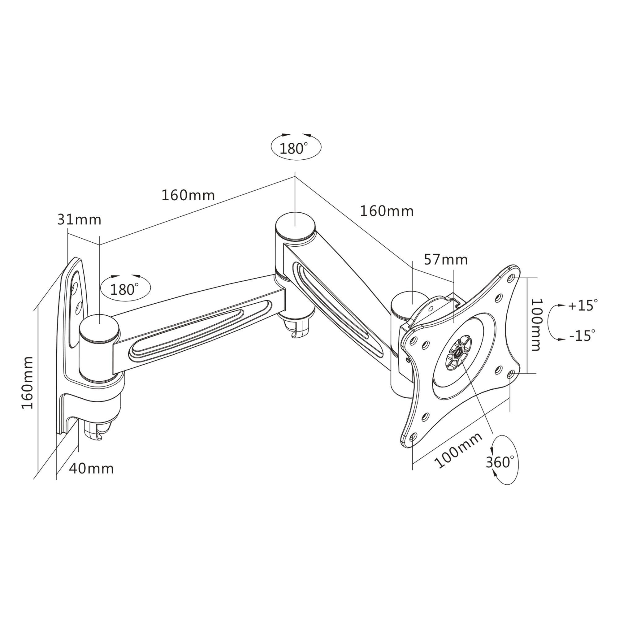 InLine - Kit di montaggio (montaggio a parete) - per display LCD (braccio regolabile) - alluminio - nero - dimensioni dello sch