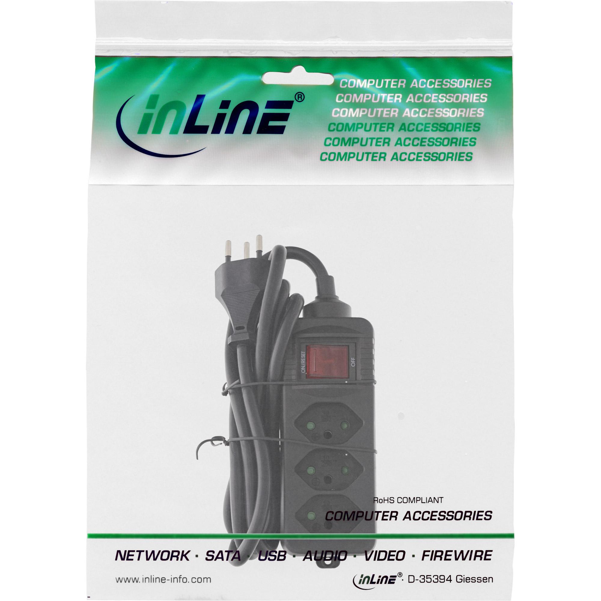 InLine Multipresa SVIZZERA 3 vie con interruttore 15 m nero