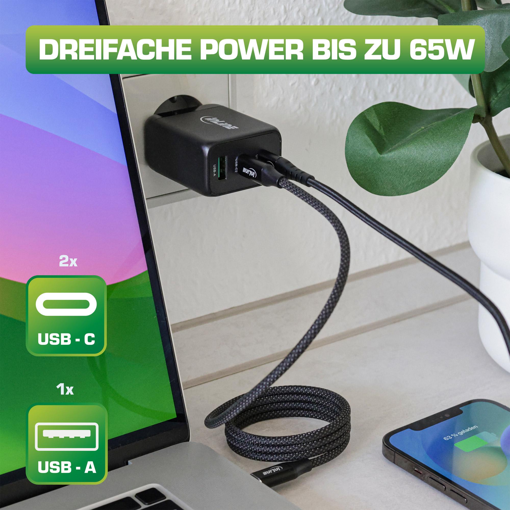 Alimentatore USB PD - caricatore GaN - doppia porta USB-C + USB-A a 3 porte - 65 W - nero