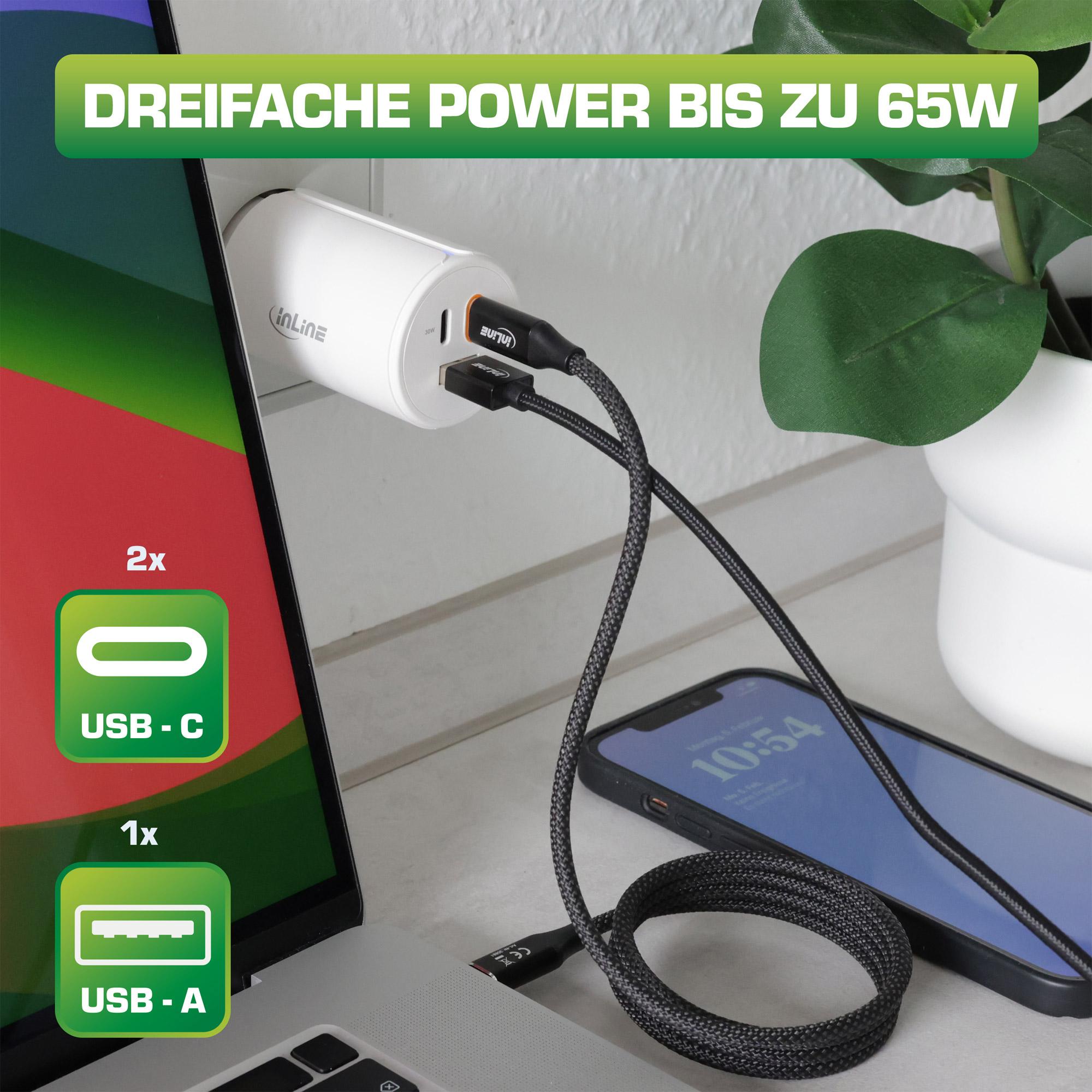 InLine Alimentatore USB PD caricatore GaN 3 porte doppio USB-C USB-A 65W