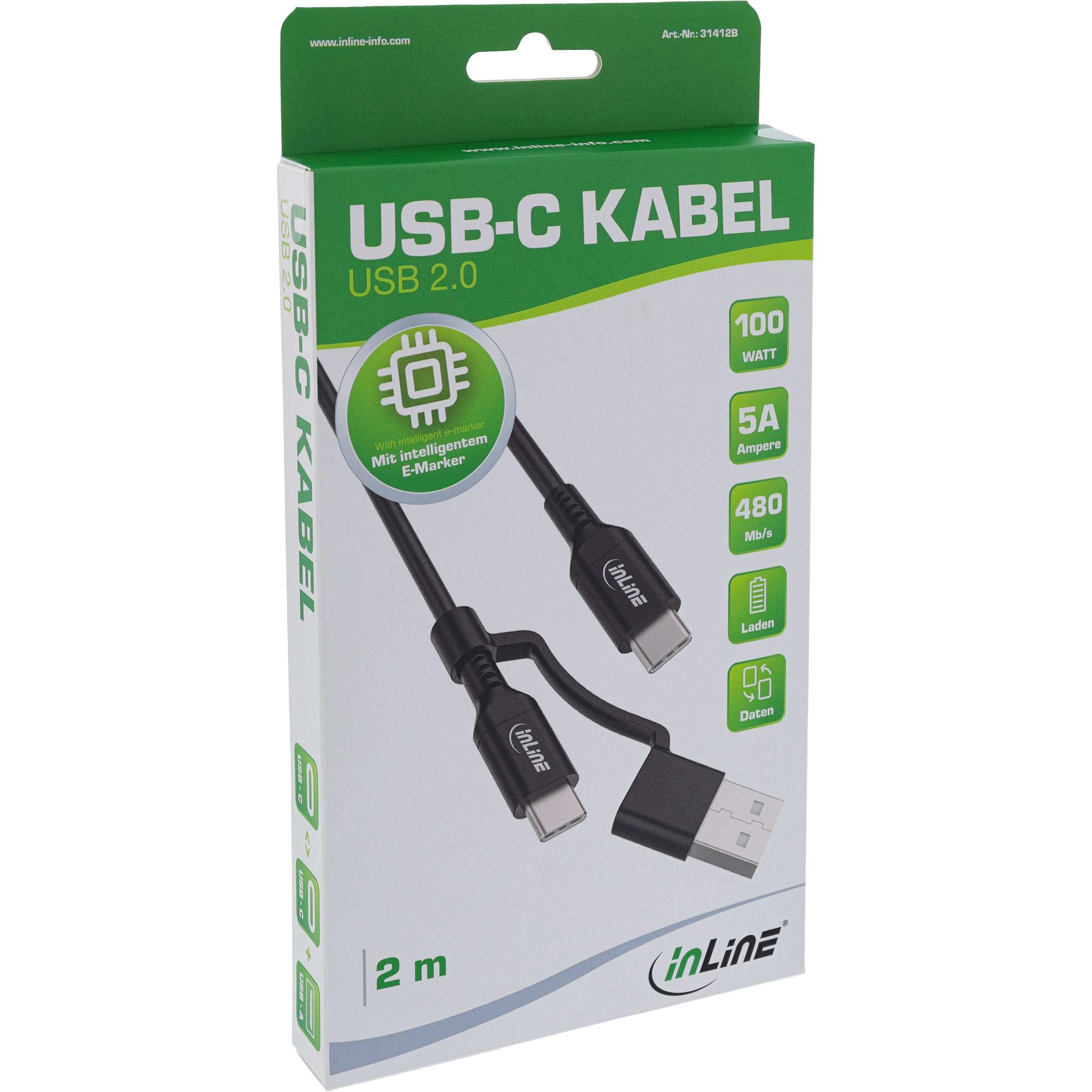 Cavo USB-C 2 in 1 + adattatore USB-A - USB 2.0 - 100 W - TPE - nero - 2 m - 2 m - USB C - USB C - USB 2