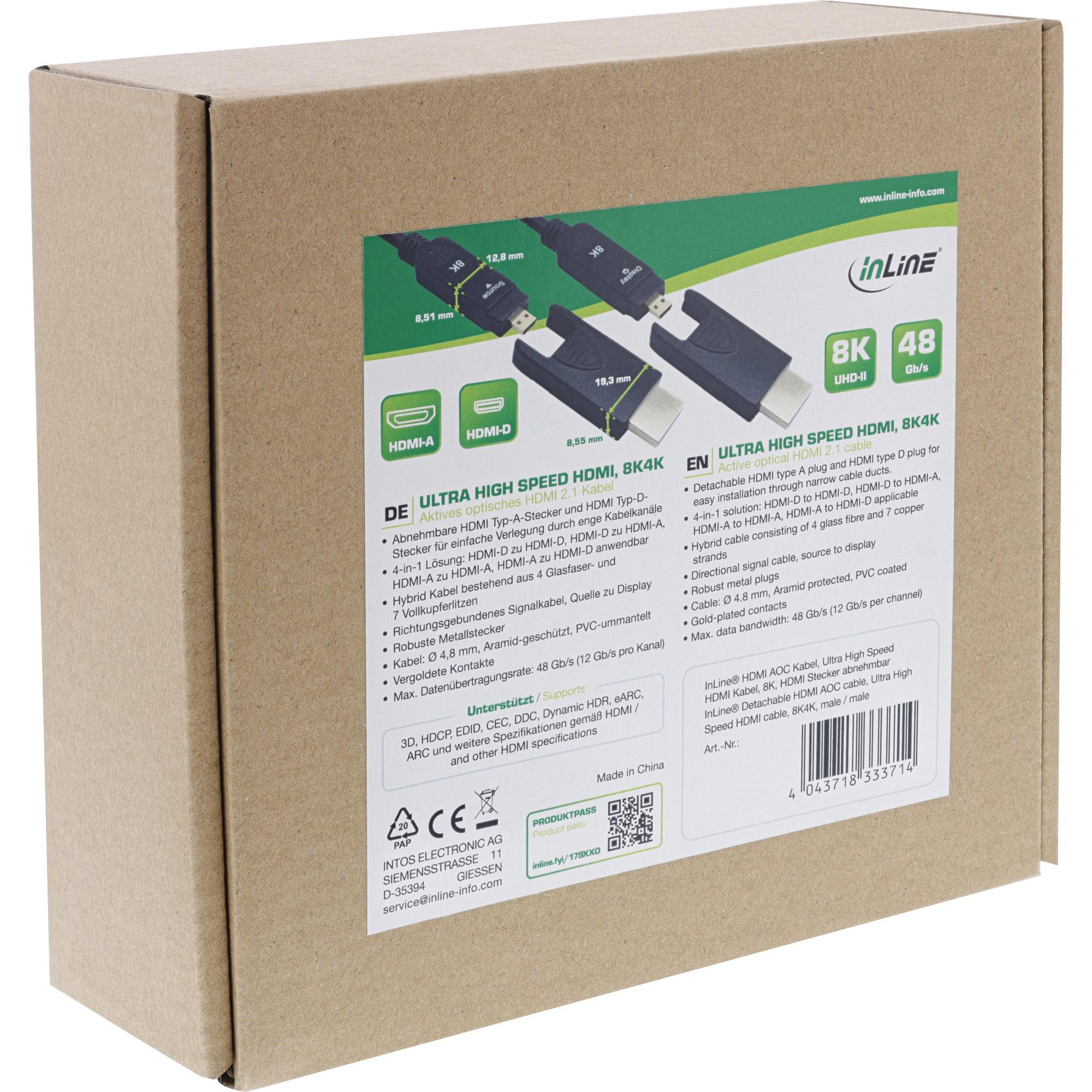 InLine Cavo HDMI AOC cavo HDMI Ultra High Speed 8K4K spina staccabile 20m