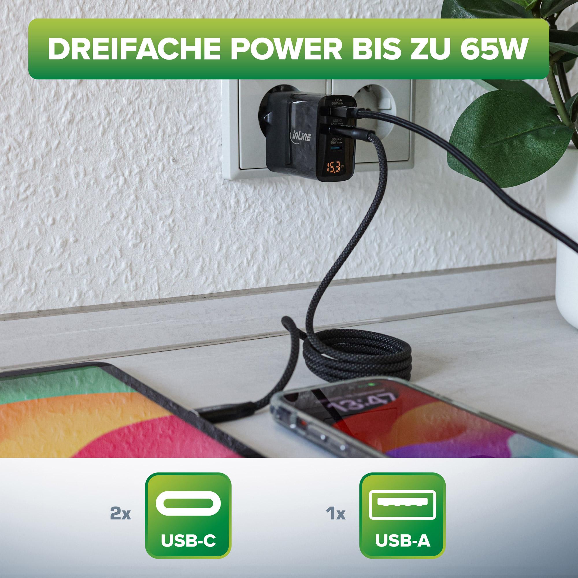 InLine Alimentatore USB PD caricatore GaN 3 porte USB-C USB-A 65W display