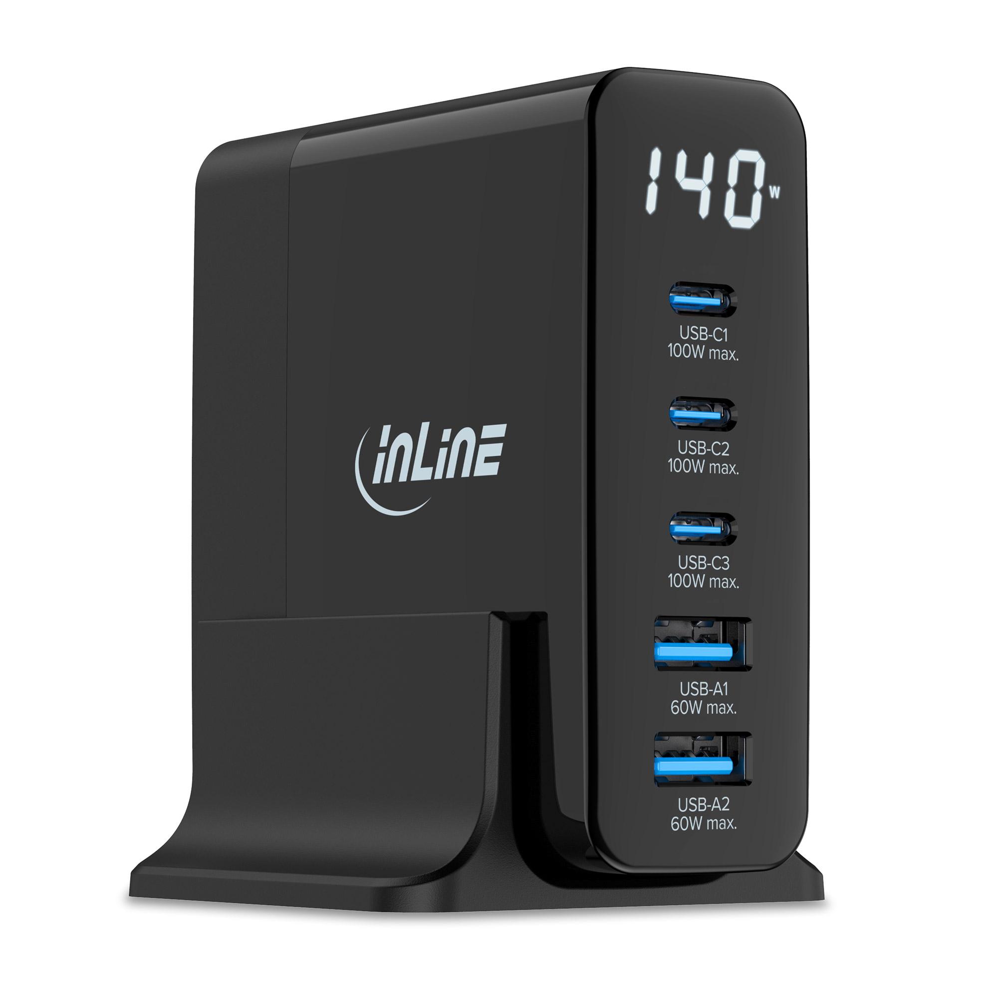 InLine Alimentatore USB PD caricatore GaN 5 porte USB-CUSB-A 140W display