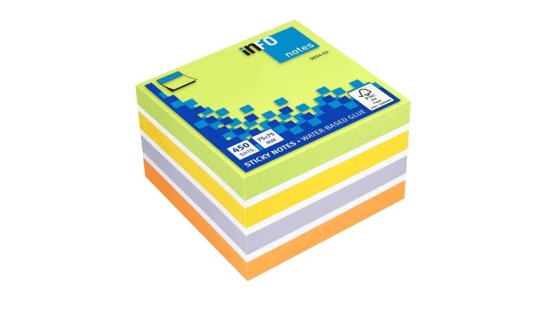 Global Notes inFO Cubo da 450 foglietti adesivi 75 x 75 mm - Certificato FSC - Colori Giallo Arancione Viola Bianco e Verde