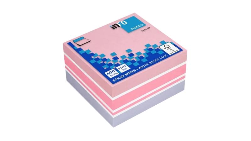 Global Notes inFO Cubo da 400 foglietti adesivi 75 x 75 mm - Certificato FSC - Colori viola rosa pastello rosa brillante e bian