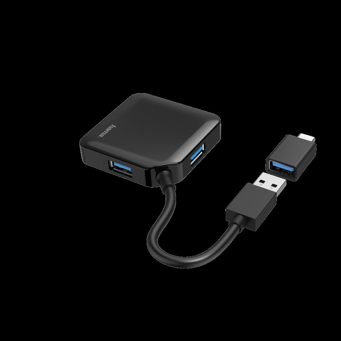 Hama Hub USB 3.0 da tavolo 4 porte cavo integrato con adattatore Type Cnero (Hama External 4-Port USB 3.2 Gen 1 Hub USB Powered