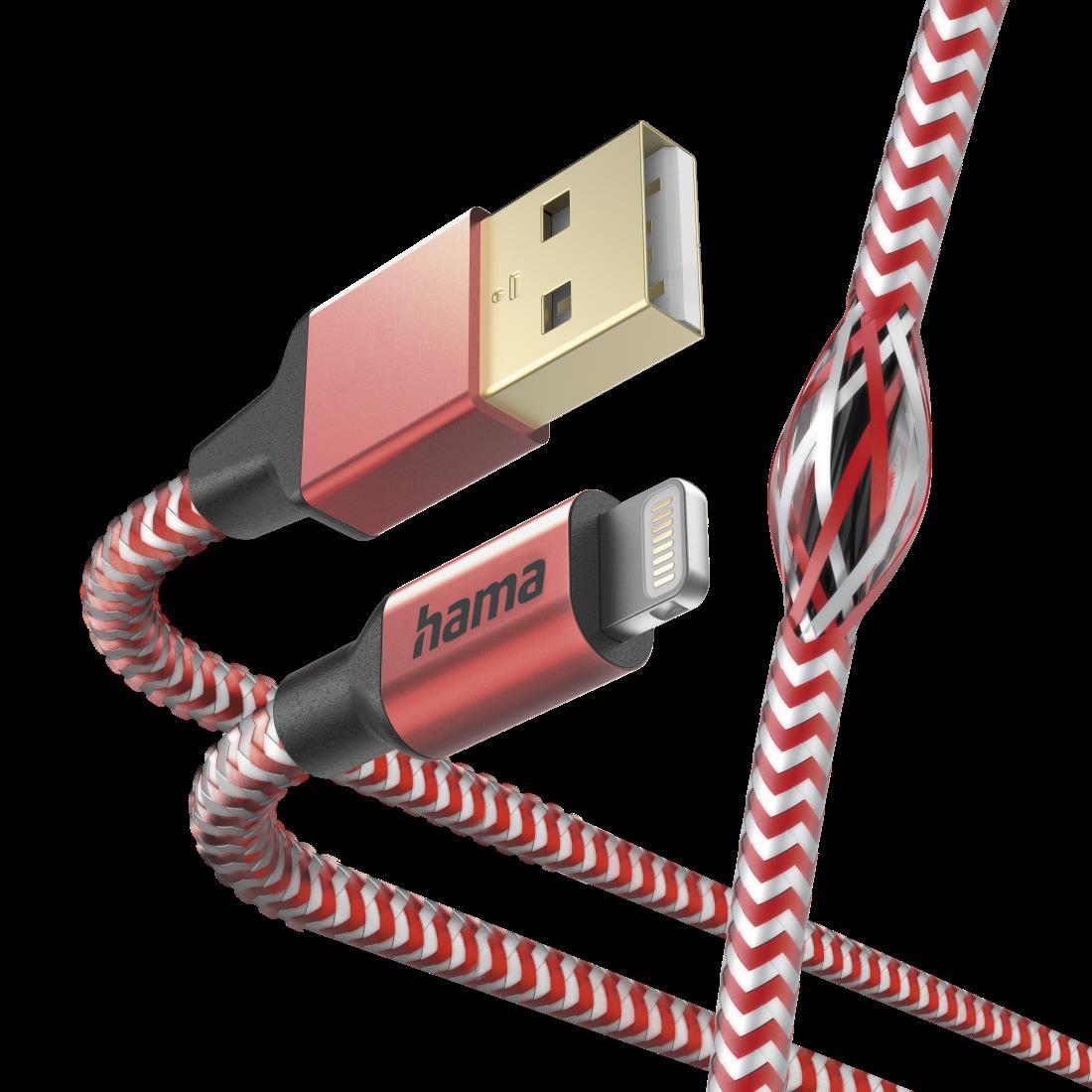 Hama Reflective Charging USB-A to Lightning Cable 480Mbps Nylon Sheath Gold-Plated 1.5 Metre Red