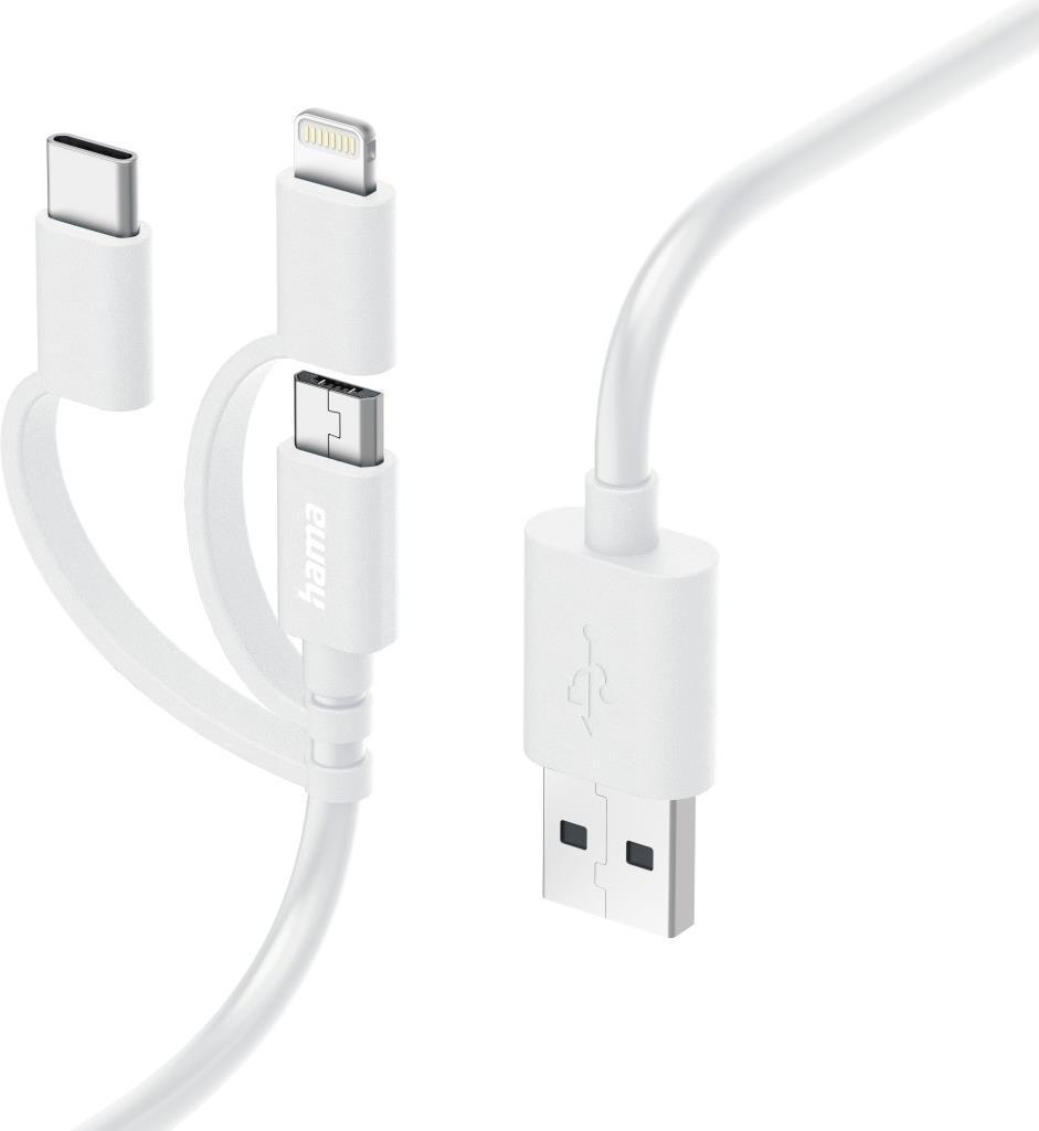 Hama 3-in-1 Multi Charging Cable - USB-A to USB-C/Micro USB/Lightning Quick Charge 1 Metre White