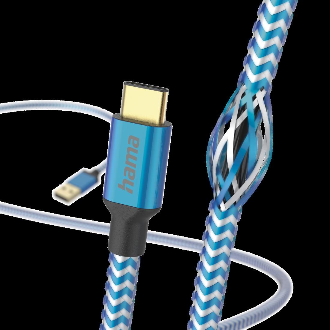 Hama Reflective USB-A to USB-C Quick Charging Cable USB 2.0 Nylon Sheath Gold-Plated 1.5 Metre Blue
