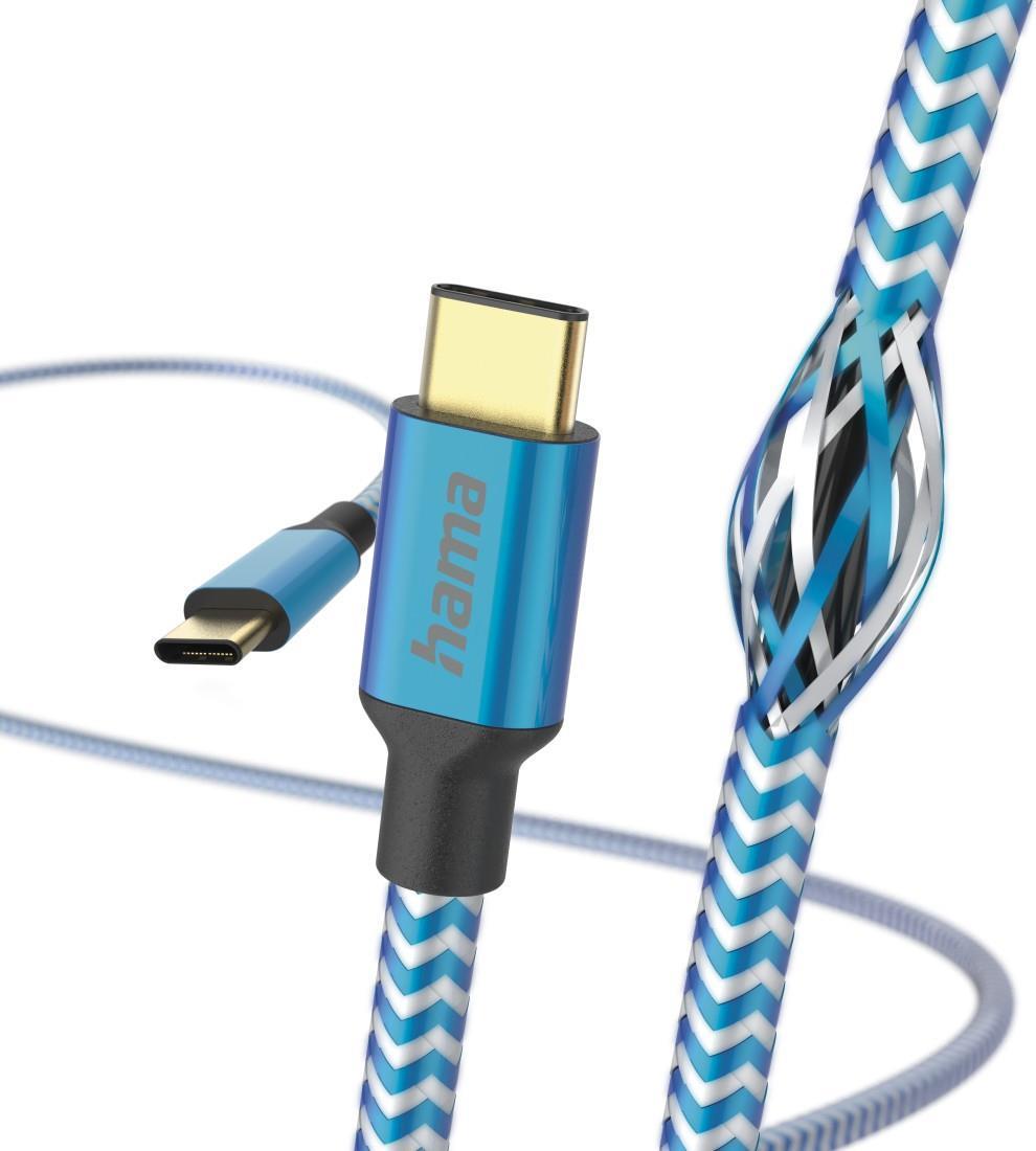 Hama Reflective USB-C to USB-C Quick Charging Cable USB 2.0 Nylon Sheath Gold-Plated 1.5 Metre Blue