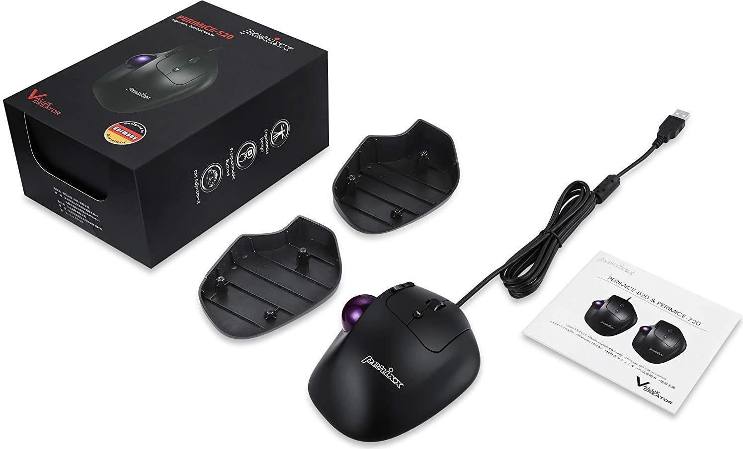 PERIXX PERIMICE-520, topo trackball ergonomico cablato, angolo adattabile, livello 2 dpi, nero (perimice-520)