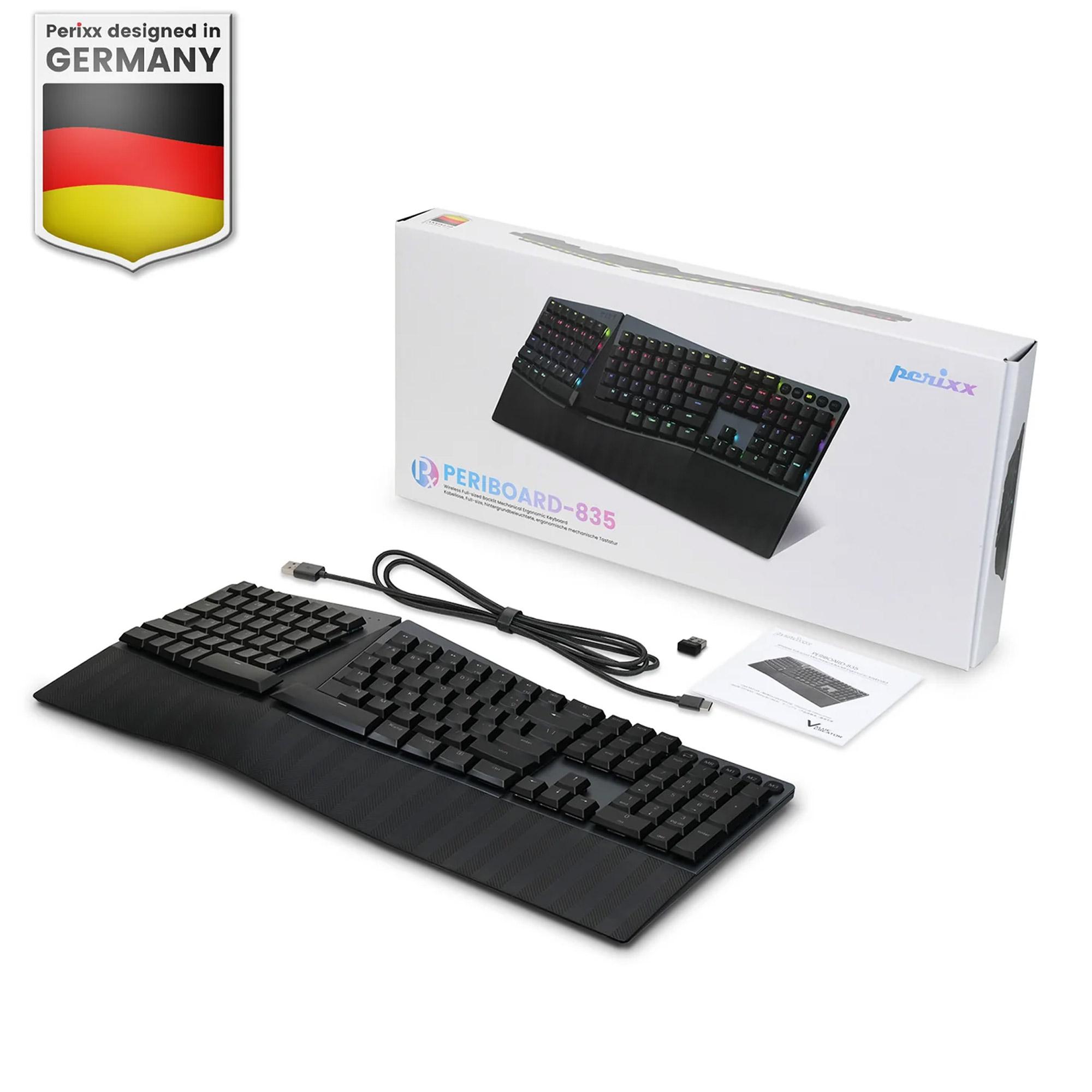 PERIXX PERIBOARD-835 BR de Kabellose RGB-beleuchtete Ergo Mechanische-Multi-Geräte-Spezifikation MIT Kabelgebundener-Kabellose
