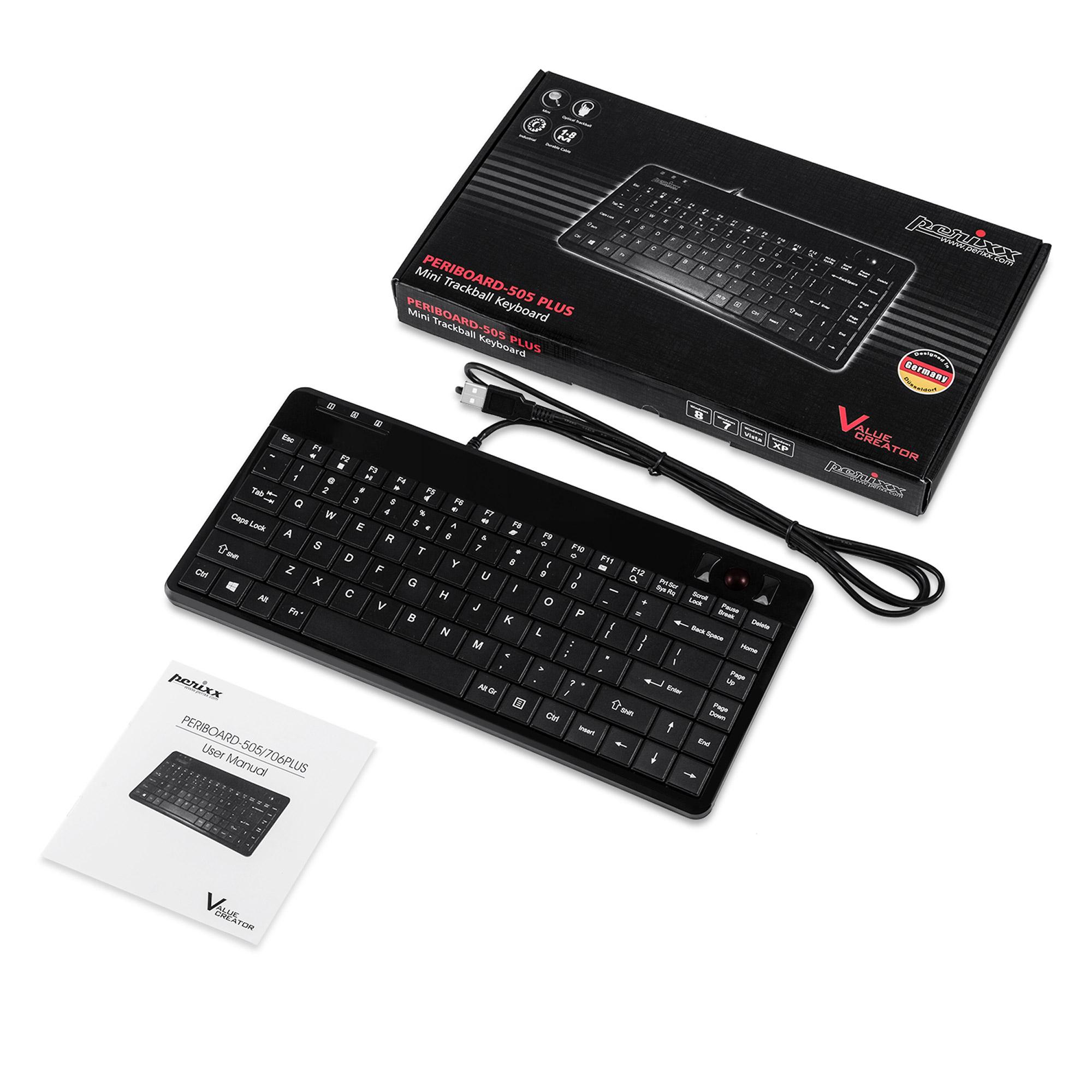PERIXX PERIBOARD -505H Plus, tastiera cablata con trackball e 2 hub USB - Trackball 14mm - Layout Qwerty US (10970)