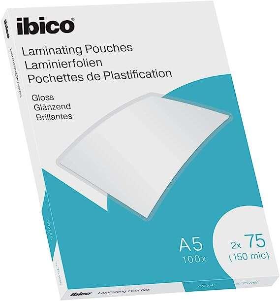 Ibico Scatola da 100 Fogli Laminati A5 Lucidi 75 Micron - Finitura Lucida - Lamina Carta Foto Biglietti da Visita Risorse Scola