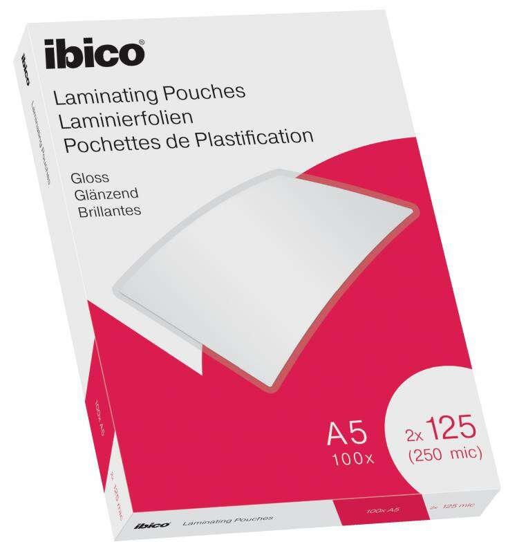 Ibico Scatola da 100 Fogli Laminati Lucidi A5 125 Micron - Finitura Cristallina Alta Lucida - Lamina Carta Foto Biglietti da Vi