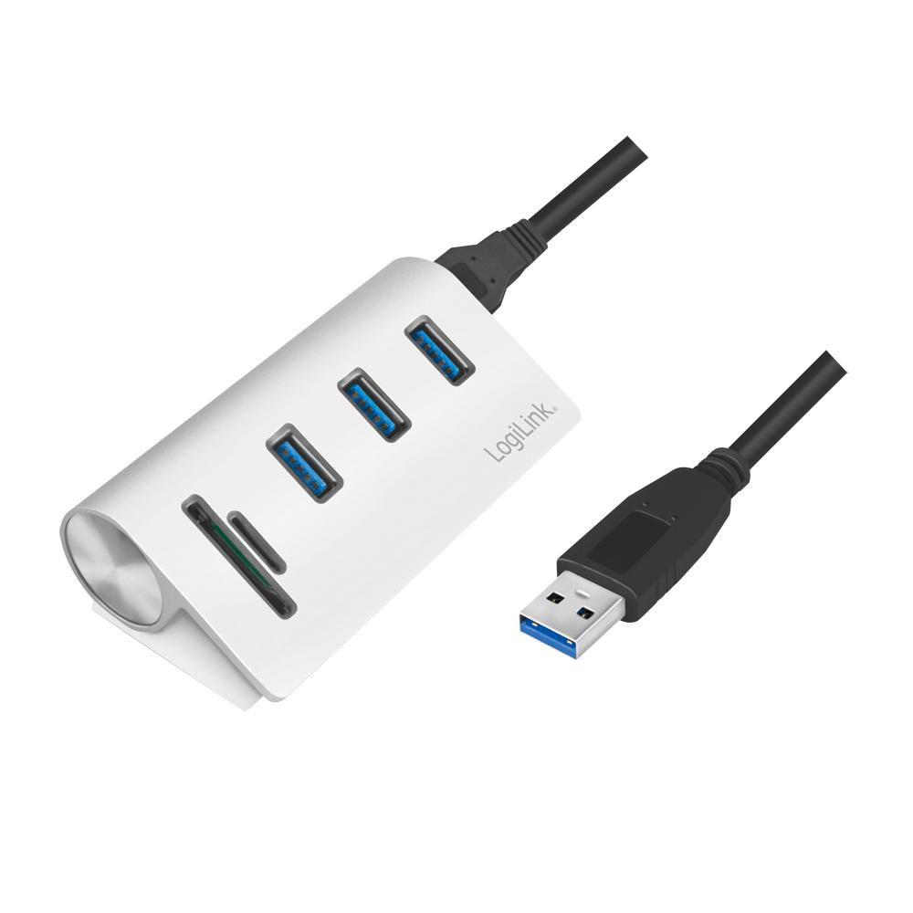 LogiLink CR0045 hub di interfaccia USB 3.2 Gen 1 [3.1 Gen 1] Type-A 5000 Mbit/s Argento (LogiLink USB 3.0 3-port hub with card