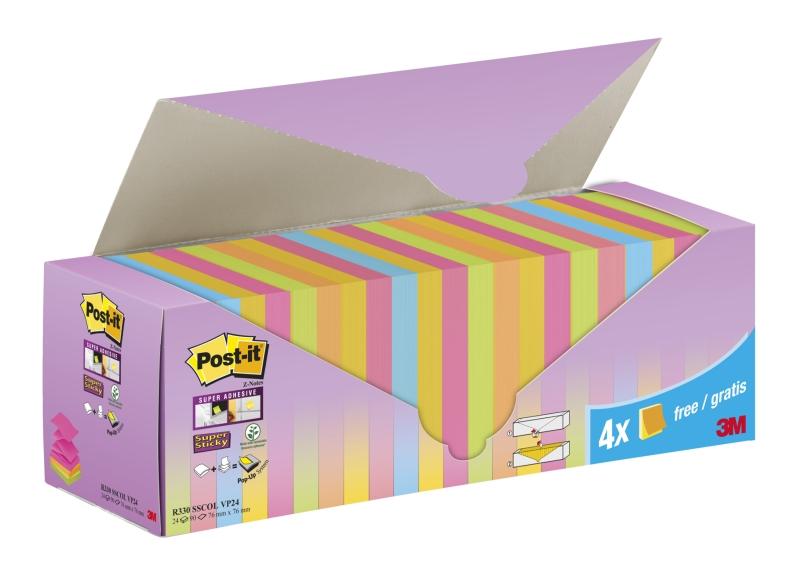 Post-it HIMITS Super Sticky Z-Notes, 76 x 76 mm, 20+4 colorati: blu, rosa, verde, giallo, arancione-1 (R330 SScol VP24)