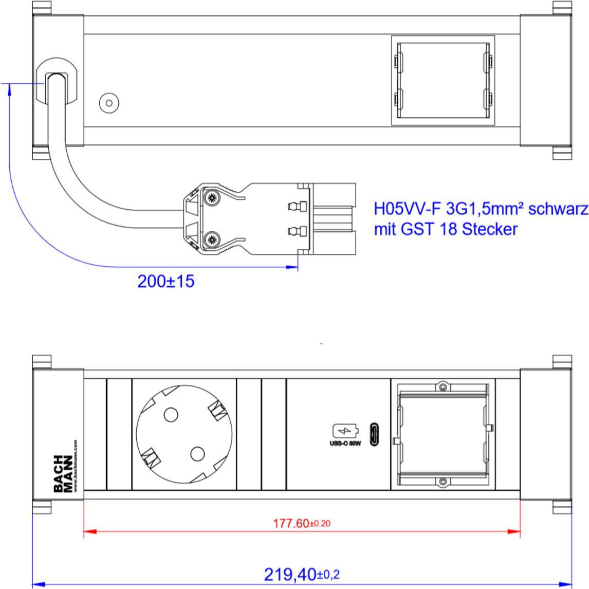 Bachmann Power Frame 1xCEE7/3916.5051xusb C 30W 1xcm 0,2 m GST18
