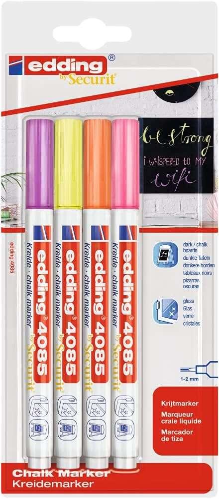 Edding 4085 Neon Confezione da 4 pennarelli a gesso liquido - Punta rotonda - Tratto 1-3 mm - Odore neutro - Colori lampone, gi