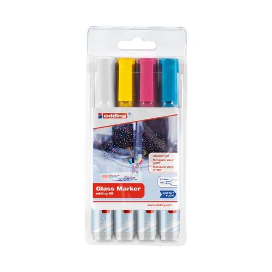 Edding 95 Confezione da 4 Pennarelli a Gesso Liquido - Punta Rotonda - Tratto da 1,5-3 mm - Colori Bianco, Giallo, Rosa e Blu