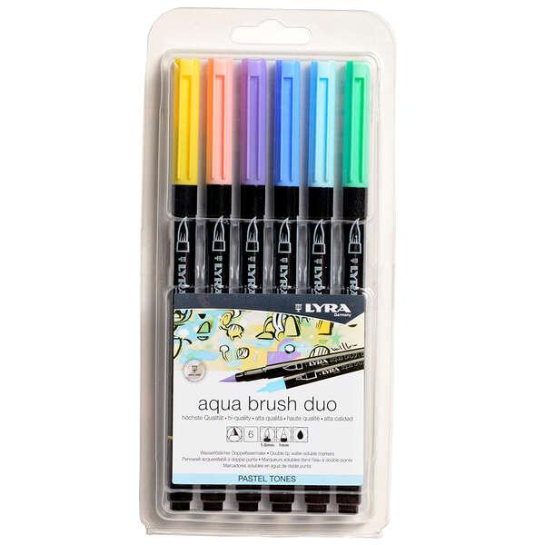 Lyra Aqua Brush Duo Pack 6 Etichettatori a doppio punto - Impicchi 1-5 e 1 mm - Inchiostro a base d'aqua - Toni di pastello Col