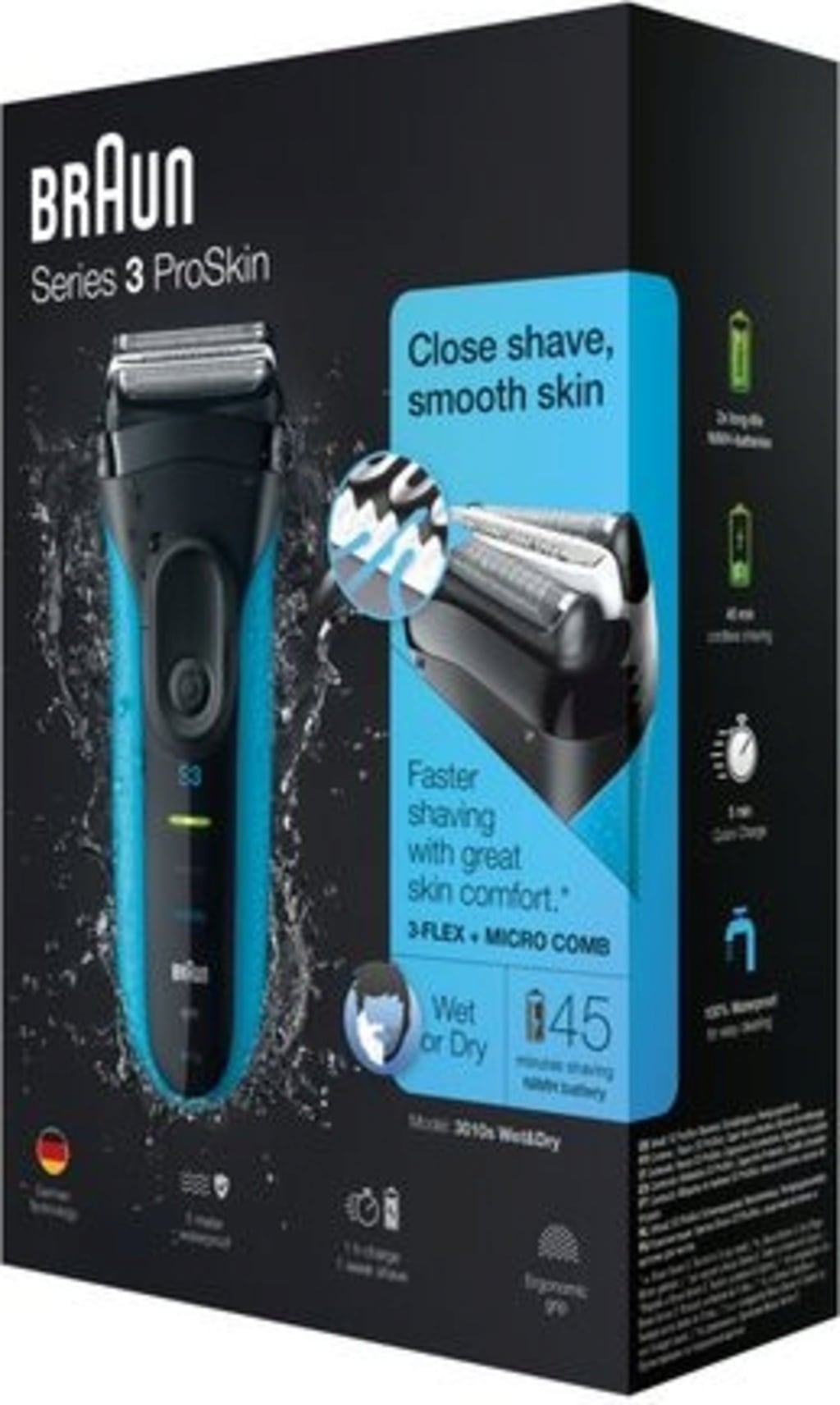 Braun Series 3 ProSkin 3010s Rasoio Elettrico, Nero/Blu