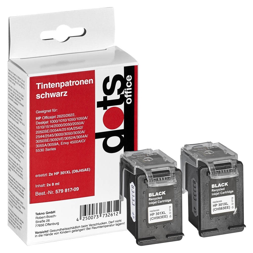 cartucce per stampante a punti compatibili con HP 301XL (D8J45AE), set di 2 nere