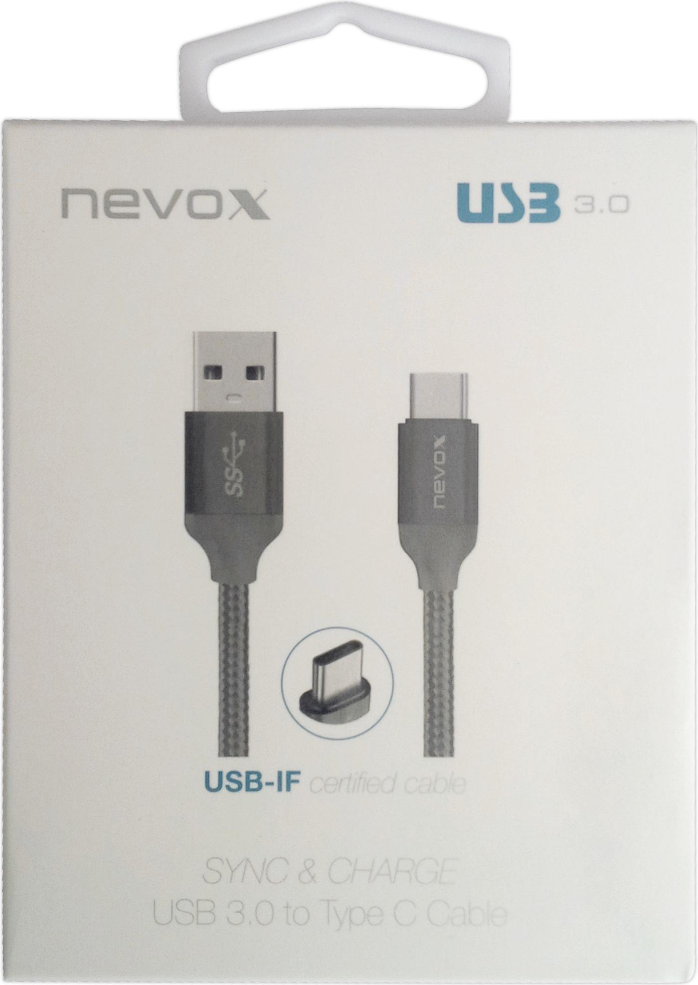 Cavo Nevox Type C USB a USB 3.0 nylon intrecciato 1M - grigio argento