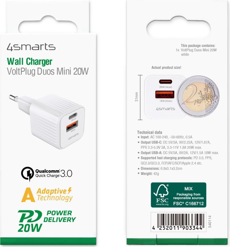Caricabatterie 4smarts VoltPlug Duos Mini PD 20W bianco