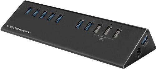 Hub LC-POWER USB 3.0 7+3 porte alluminio nero, nero, con adattatore di rete