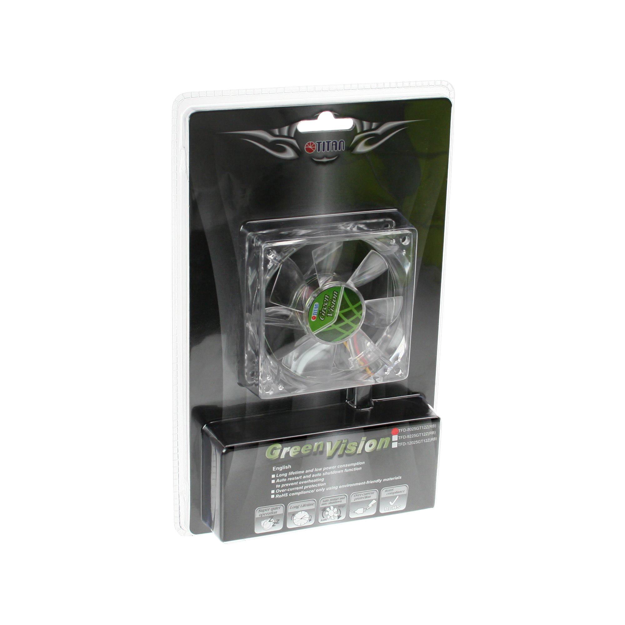 Titan Green Vision Housing Fan, 80 x 25 x 80 mm 1400 rpm, 17,0 dB (a) Sviluppo di rumore, 29,49 cmb/h (TFD-8025GT12Z)