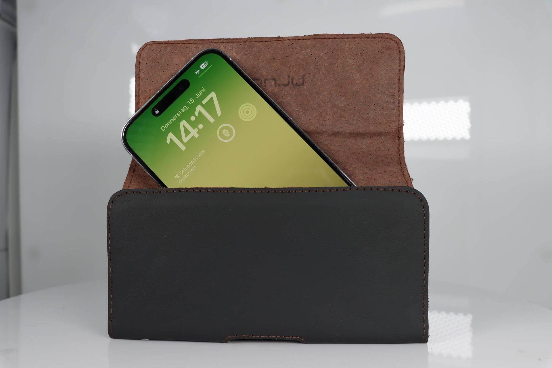 Borsa per cintura di pelle liscia di Honju Horizon | Apple iPhone 14 Plus/14 Pro Max/12/11 Pro Max & XS Max | Nero | Sfuso | 62