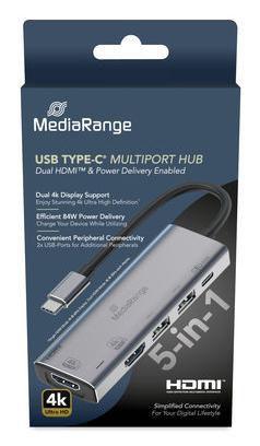 MediaRange MRCS511 hub di interfaccia USB tipo-C 480 Mbit/s Argento (MediaRange HUB USB-C 5 in 1 Multiport)
