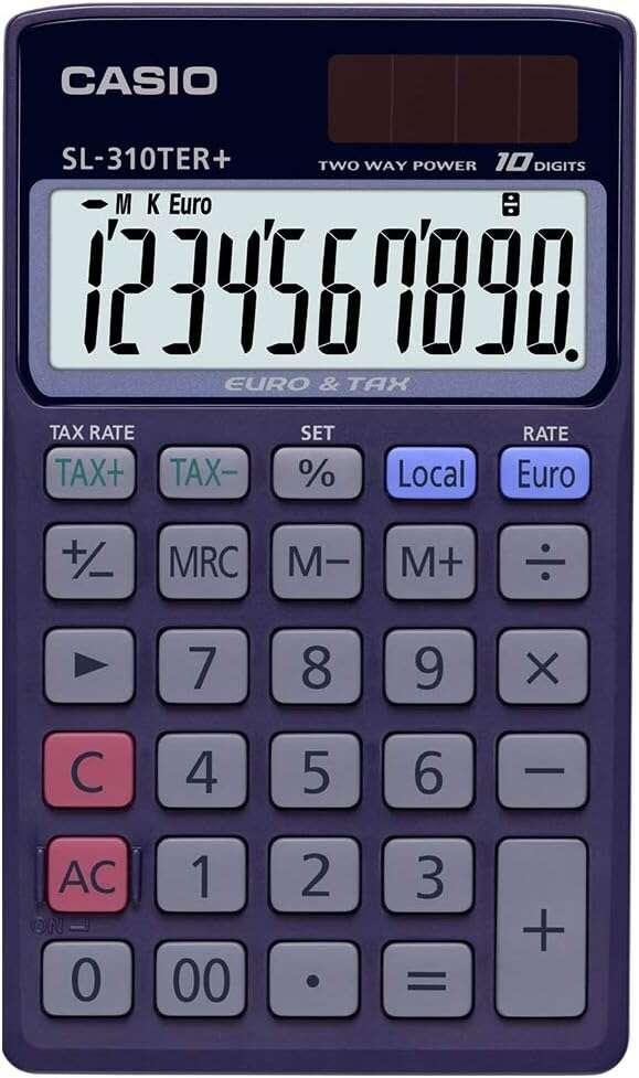Casio SL-310TER Calcolatrice Tascabile - Display LC Extra Large da 10 Cifre - Funzione Convertitore Euro - Colore Blu Scuro