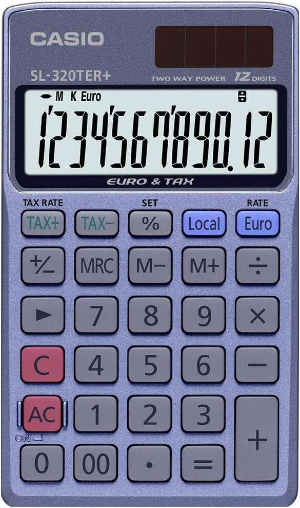 Casio SL-320TER Calcolatrice Tascabile - Display LC Extra Large da 12 Cifre - Funzione Convertitore Euro - Colore Blu