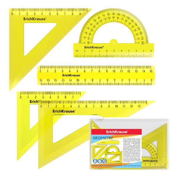 Set geometria Erichkrause piccola - Righello da 15 cm - Quadrato da 7 cm/45 9 cm/45 13 cm/60 - Goniometro 180/10 cm - Colore blu
