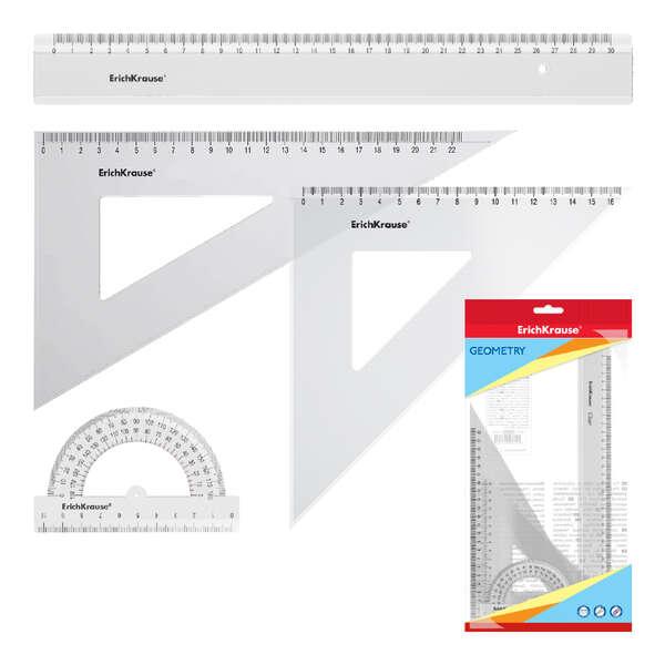 Set geometria grande Erichkrause - Righello da 30 cm - Quadrato da 16 cm/45 - Quadrato da 22 cm/60 - Goniometro da 180/10 cm -