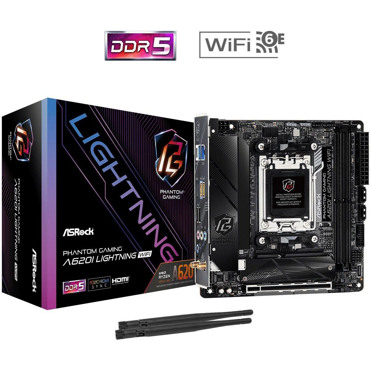 Asrock A620I LIGHTNING WIFI AMD A620 AM5 Mini ITX 2 DDR5 HDMI Wi-Fi 6E 2.5G LAN 2x M.2