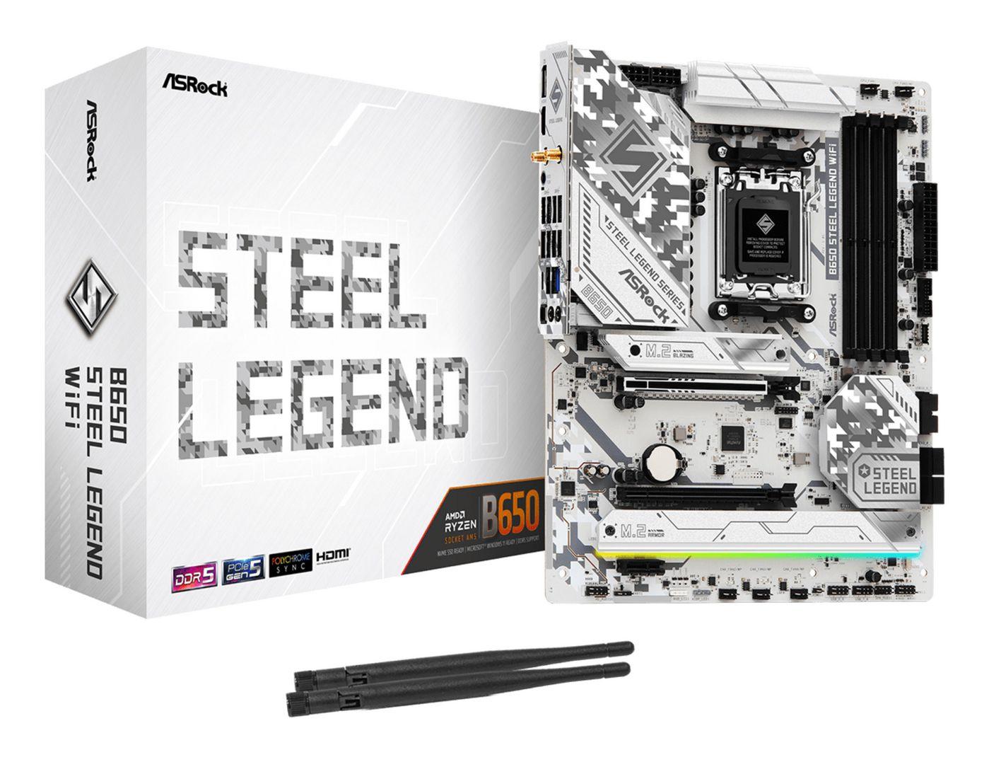 Asrock B650 STEEL LEGEND WIFI, AMD B650, AM5, ATX, 4 DDR5, HDMI, DP, Wi-Fi 6E, 2.5G LAN, PCIe5, RGB, 3x M.2