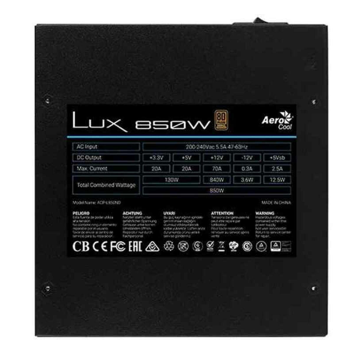 AEROCOOL LUX850 PC POWER SUPPLY 850W 80 PLUS BRONZE 230V 88% EFFICIENCY BLACK