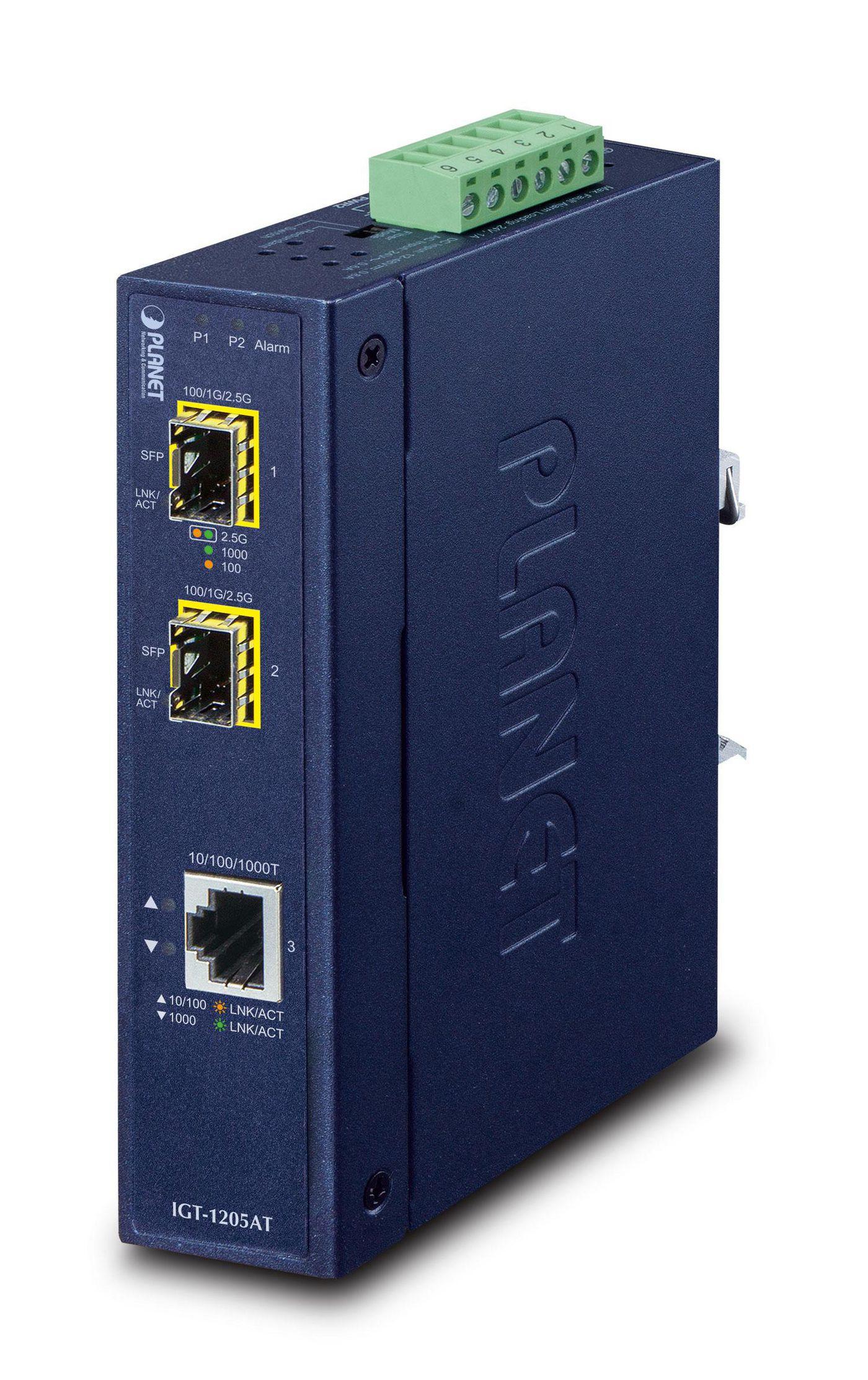 PLANET IGT-1205AT convertitore multimediale di rete 1000 Mbit/s Blu (IP30 Industrial 10/100/1000T - to 2-P 100/1000X SFP Gigabi