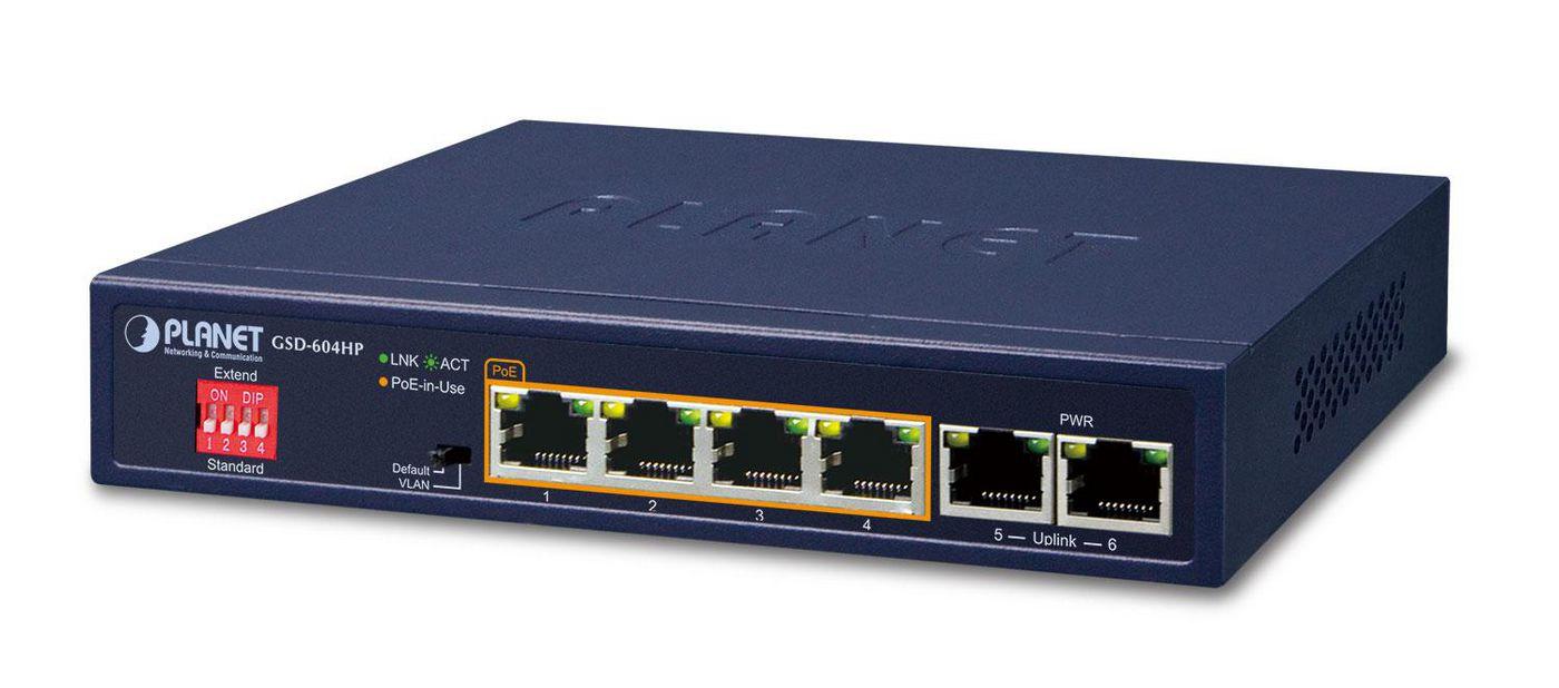 PLANET GSD-604HP switch di rete Non gestito Gigabit Ethernet 10/100/1000 Supporto Power over Ethernet PoE Blu (4-Port 10/100/10