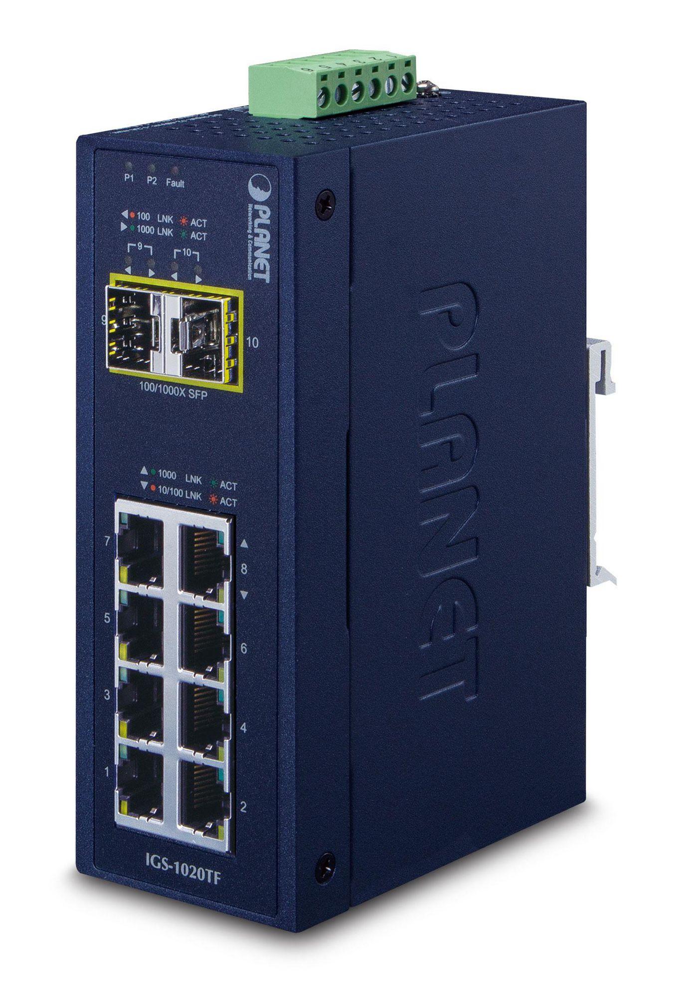 PLANET IGS-1020TF switch di rete Non gestito Gigabit Ethernet 10/100/1000 Blu (IP30 Industrial 8-P 10/100/100 - 2-P 100/1000X