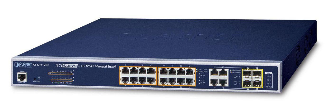 PLANET GS-4210-16P4C switch di rete Gestito L2/L4 Gigabit Ethernet [10/100/1000] Supporto Power over Ethernet [PoE] 1U Blu (IPv