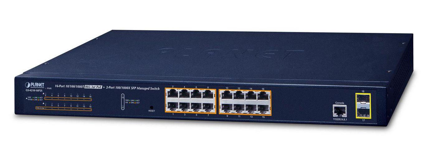 PLANET GS-4210-16P2S switch di rete Gestito L2/L4 Gigabit Ethernet (10/100/1000) Supporto Power over (PoE) 1U Blu [GS-4210-16P2