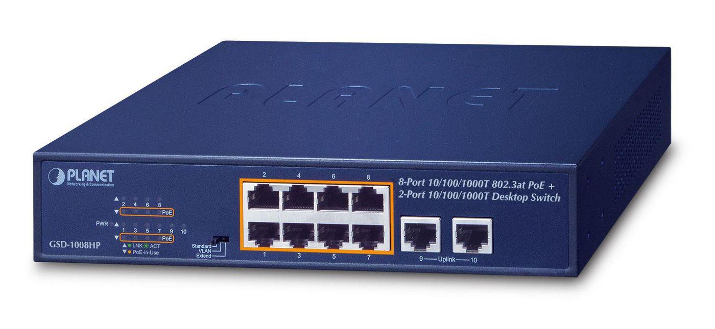 PLANET GSD-1008HP switch di rete Non gestito Gigabit Ethernet 10/100/1000 Supporto Power over Ethernet PoE 1U Blu (8-Port 10/10